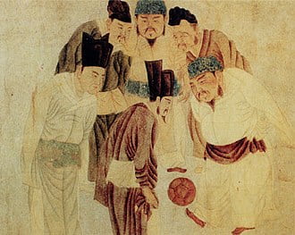 A painting depicting Emperor Taizu of Song playing cuju (i.e. Chinese football) with his prime minister Zhao Pu and other ministers, by the Yuan dynasty artist Qian Xuan (1235–1305)
